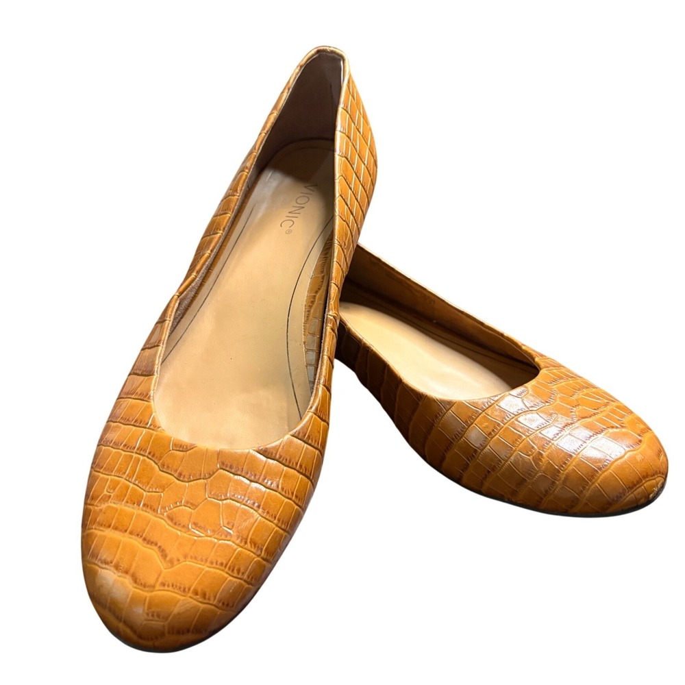 Vionic Hannah Croc Tan Leather Ballet Flats Womens 10 Orthotic Comfort Shoes